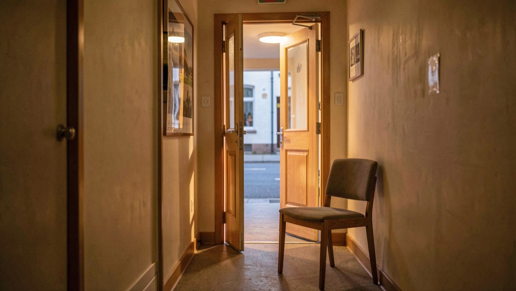 Porta socchiusa di un consultorio con luce calda nel corridoio e una sedia vuota in attesa davanti all'ingresso